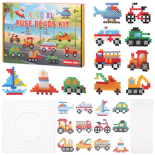 TranRantic Große Bügelperlen Set, 1200 Stück 10mm Bügelperlen Groß mit 12 Fahrzeuge Vorlagen, Bastelset für Jungen und Mädchen, Kreatives Perlenset für Kinder Geburtstag Geschenk von TranRantic