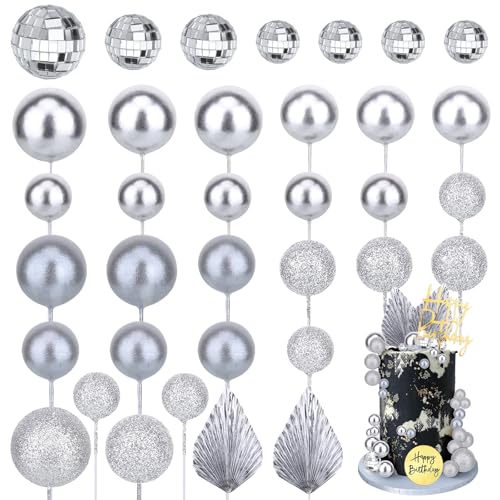 Tranrantic 34 Stück Mini Discokugel Deko Set,Discokugel Kuchen Deko mit Palmenblättern,Disco Ball Kuchendekoration,Tortendeko Kugeln Silber für Geburtstag,Hochzeit,Party Dekorationen(1.5-4cm) von TranRantic