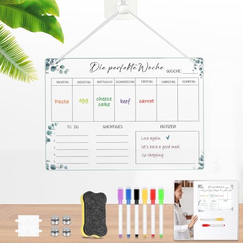 Tranrantic Wochenplaner Abwischbar Acryl,Wiederverwendbare Transparente Haushaltsplan,Klare Familienplaner Abwischbar mit Board Radiergummi,Essensplaner Woche Abwischbar mit Seil und Haken von TranRantic