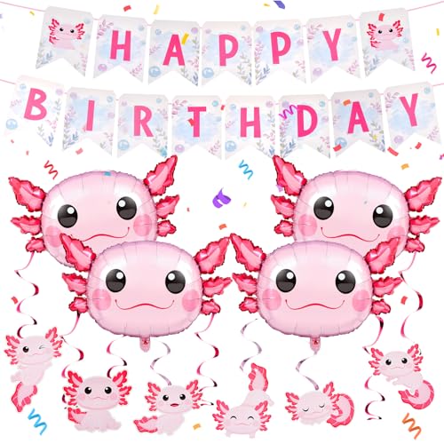 Trandraft 12 Stück Axolotl Geburtstagsparty-Dekorationen enthalten Axolotl-Aluminiumfolienballons, hängende Wirbel-Dekorationen und rosa Geburtstagsbanner für aufblasbare Themenpartys von Trandraft