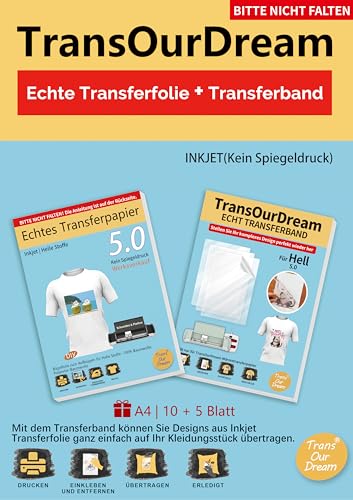 TransOurDream (10 Blatt 5.0 Hell Transferfolie +5 Blatt Transferband) Inkjet Transferpapier für Hellle T-Shirts zum Aufbügeln,Textilien Aufbügelpapier,Kein Spiegeldruck (D-Light5.0+Transferband) von TransOurDream