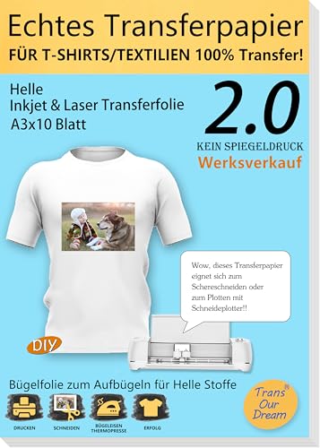 TransOurDream ECHTE Inkjet/Laser Transferfolie Transferpapier,DIN A3X10 Blatt,Bedruckbare Bügelfolie für helle T Shirts/Textilien,Folie für Tintenstrahldrucker und Laserdrucker(02-10) von TransOurDream