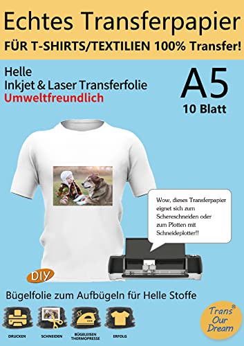 TransOurDream ECHTE Inkjet/Laser Transferfolie Transferpapier,DIN A5X10 Blatt,Bedruckbare Bügelfolie für helle T Shirts/Textilien,Folie für Tintenstrahldrucker und Laserdrucker(2.0-A5-10) von TransOurDream