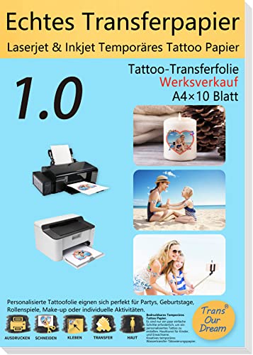 TransOurDream Inkjet/Laser Tattoo Papier A4X10 Blatt DIY Tattoo Folie Zum Bedrucken,für Kerzen,Tattoo Temporäres Transfer,Decal Papier für Tintenstrahldrucker/Laserdrucker,Tattoo Tranferfolie (11-10) von TransOurDream