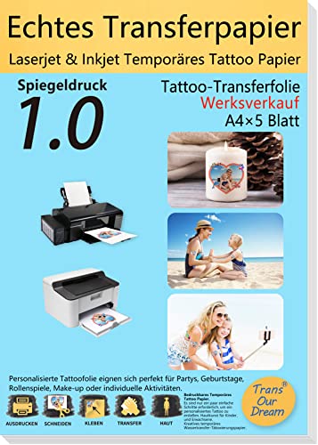 TransOurDream A4X5 Sets Inkjet/Laser Tattoo Papier,Tattoo Folie Zum Bedrucken,Spiegeldruck,für Kerzen,Tattoo Temporäres,Decal Papier für Tintenstrahldrucker/Laserdrucker,Tattoo Tranferfolie von TransOurDream