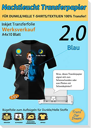 TransOurDream Inkjet Nachtleucht(Blaufarbe) Bügelfolie, Bügelpapier,Transferpapier für dunkle/helle T-Shirts und Textilien A4X10 Blatt,(Trans-5-10B) von TransOurDream