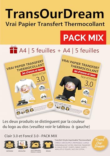 TransOurDream Transferpapier für Textilien 3.0 - Mix (5 Blatt für hell + 5 Blatt für dunkel), HTV Vinyl, Tintenstrahl- & Laser-Drucker, nicht Spiegeldruck, FR-PACKMIX-3.0-5-5 von TransOurDream