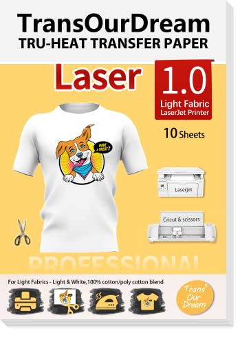 TransOurDream Tru-Transfer Papier Laser für leichten Stoff, 10 Blatt, A4, zum Aufbügeln, für T-Shirts, Druckpapier, einfach zu bedienen, waschbar, langlebig, bedruckbar, Thermotransfer-Vinyl (Laser-L1-10) von TransOurDream