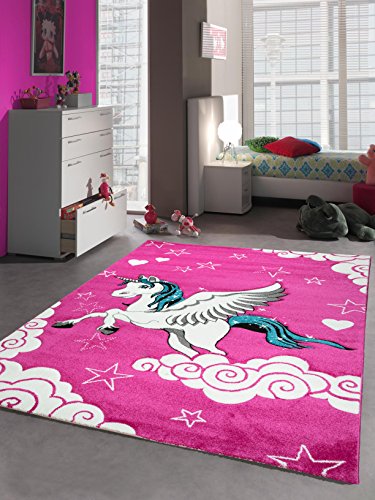 Kinderteppich Spielteppich Kinderzimmer Teppich Einhorn Design mit Konturenschnitt Pink Creme Türkis Größe 160x230 cm von Teppich-Traum