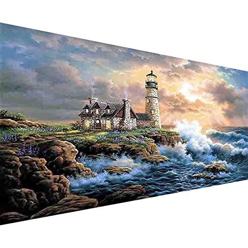 5D Diamond Painting Leuchtturm Diamant Painting Bilder Erwachsene Groß xxl Diamant Malerei Kits Diamond Painting Meerblick Malen nach Zahlen wohnzimmer bilder für die Inneneinrichtung (100x40cm) von Trayosin