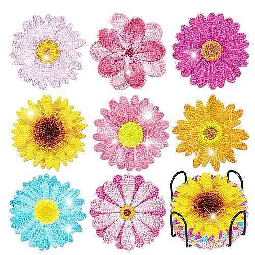 8er Set Diamond Painting Untersetzer Blume Sonnenblume, DIY Diamond Painting Erwachsene Kinder Untersetzer mit Halter, Diamant Malerei Untersetzer Für Gläser Weingläser Vasen von Trayosin