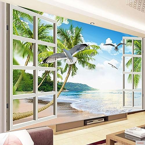 Trayosin DIY 5D Diamond Painting Strand, Fenster, Meer Baum Blauer Himmel, DIY Diamant Painting Bilder Erwachsene Groß xxl Landschaft Diamant Malerei Kit für Home Wand Dekor (100x40cm) von Trayosin