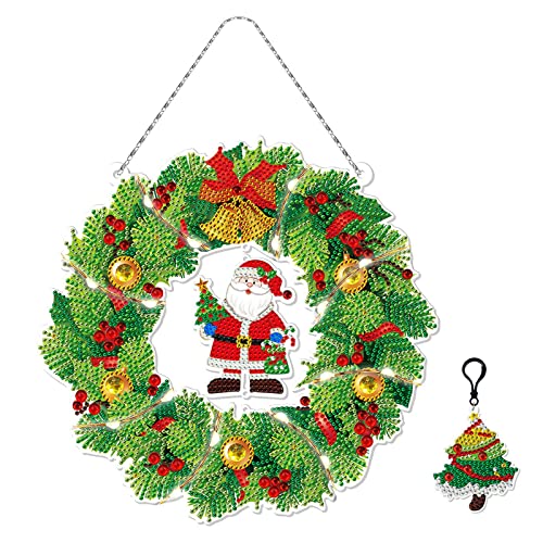 Trayosin Diamant Painting Bilder Weihnachten Kranz Set mit Schlüsselbund und LED-Licht Diamond Painting Set Strass Türkranz Wandkranz Weihnachten Geschenk für Wand Und Eingang Dekoration (B) von Trayosin