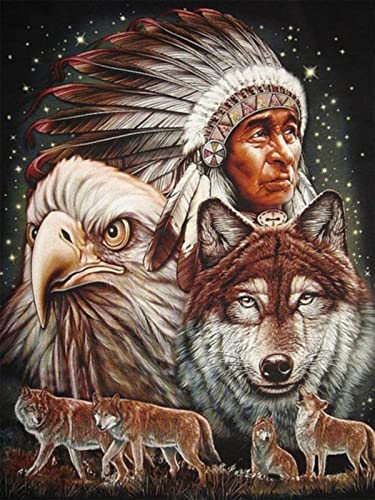 Trayosin Diamond Painting Set Wolf 5D Diamant Painting Bilder mit Diamond Painting Zubehör DIY Diamant Malerei für Wohnzimmer Schlafzimmer Büro Wand Und Eingang Dekoration (Wolf Indianer,30x40cm) von Trayosin