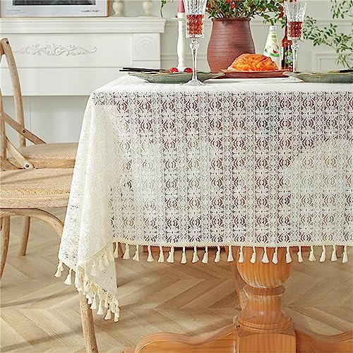Trayosin Spitze Tischdecke Handarbeit Gehäkelte Aushöhlen Rechteck Tischdecken mit Quaste, 100% Baumwolle Vintage Weiße Spitzeauflage Boho Hochzeit Tisch Dekor (E,150x220cm) von Trayosin
