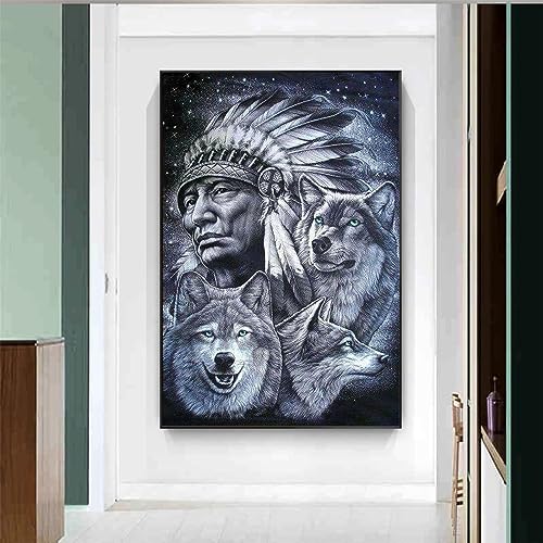 Trayosin Wolf Diamond Painting 5d Diamant Painting Bilder Diamant Painting Kinder DIY malen nach Zahlen Erwachsene Runden Diamanten Dekoration und Geschenk (Wolf Indianer,30x40cm) von Trayosin