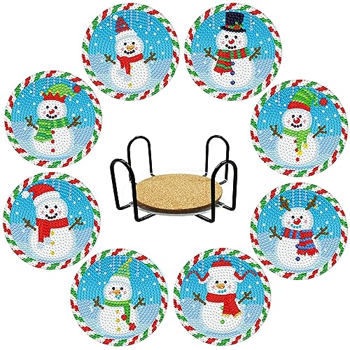 Weihnachten Diamond Painting Untersetzer Set, 8 Pcs Weihnachtsmann Schneemann Diamond Art Coasters with Holder, DIY Craft Supplies Tassenuntersetzer (Schneemann) von Trayosin