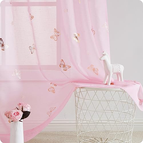 Treatmentex Vorhänge Transparent Gardinen mit Ösen Gold Schmetterling Druck Gardinen Voile Dekoschal Ösenvorhang für Mädchenzimmer, Kinderzimmer, Babyzimmer-2 Stücke(Rosa,140 x 180 cm) von Treatmentex