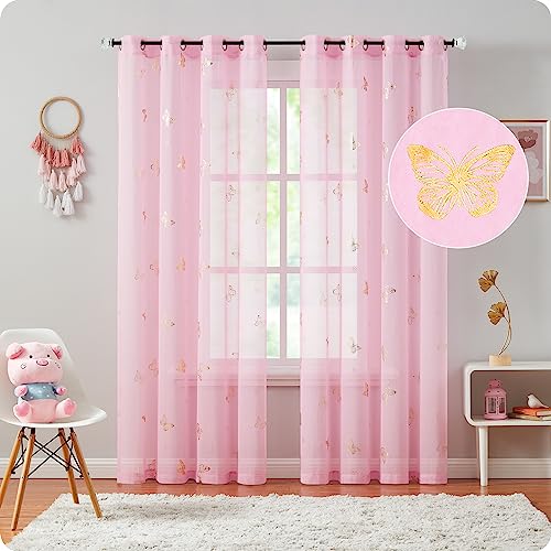 Treatmentex Vorhänge Transparent Gardinen mit Ösen Gold Schmetterling Druck Gardinen Voile Dekoschal Ösenvorhang für Mädchenzimmer, Kinderzimmer, Babyzimmer-2 Stücke(Rosa,140 x 225 cm) von Treatmentex