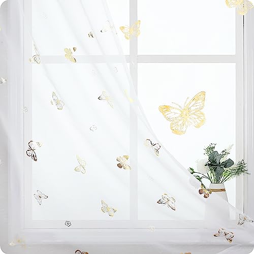 Treatmentex Vorhänge Transparent Gardinen mit Ösen Gold Schmetterling Druck Gardinen Voile Dekoschal Ösenvorhang für Mädchenzimmer, Kinderzimmer, Babyzimmer-2 Stücke(Weiß,140 x 180 cm) von Treatmentex