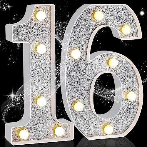 21,6 cm dekoratives LED-beleuchtetes Zahlenschild für Nacht, Geburtstag, Party, Dekorationen, Happy Birthday, LED-Schild, Hintergrund, Jahrestag, Hochzeit, Party, Bar, Wanddekoration (Silber, 16. von Treela