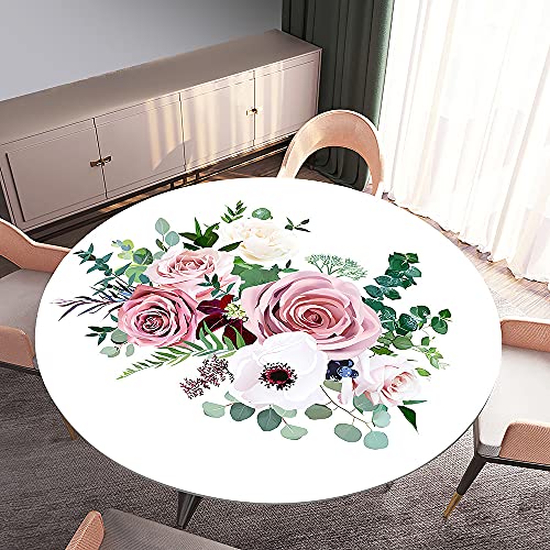 Rund Tischdecke Elastisch Wasserdicht, Treer 3D Rose Drucken Polyester Abwaschbar Lotuseffekt Tischtuch mit Elastische Kante für Küche Esszimmer Garten Dekoration (Strauß,Rund 120cm) von Treer-shop