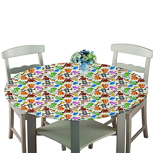 Tischdecke Runde mit Elastisch Kante, Treer Wasserdicht Antifouling Polyester Abwaschbar Tischtuch 3D Element Drucken Rund Tischdecken für Küche Esszimmer Garten (Roboter,Durchmesser 120cm) von Treer-shop
