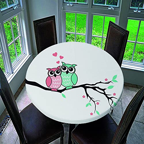Tischdecke Runde mit Elastisch Kante, Treer Wasserdicht Antifouling Polyester Abwaschbar Tischtuch 3D Frühling Drucken Rund Tischdecken für Küche Esszimmer Garten (Eule,Durchmesser 90cm) von Treer-shop