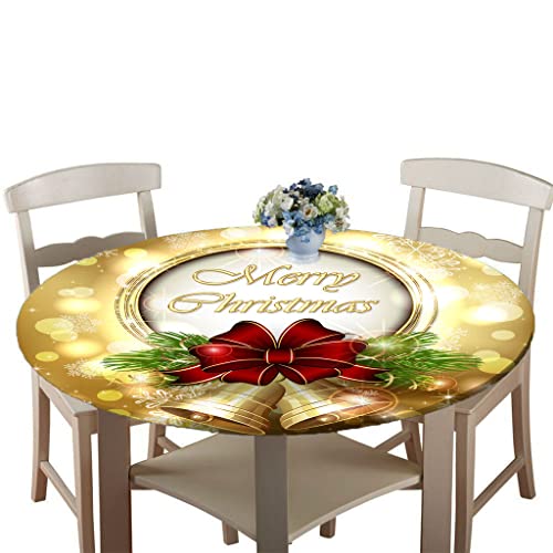 Treer Weihnachtstischdecke Runde Tischdecke Abwaschbar, 100% Polyester Outdoor Tischdecken Antifouling Wasserdicht Lotuseffekt Tischdecke Weihnachten Home Küche Party (Goldene Glocke,100cm) von Treer-shop