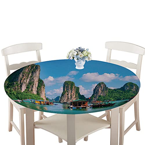 Wasserdicht Antifouling Tischdecke Runde, Treer Polyester Abwaschbar Pflegeleicht Tischtuch mit Elastische Kante 3D Landschaft Tischdecken für Küche Esszimmer Garten (Hoher Berg,100cm) von Treer-shop