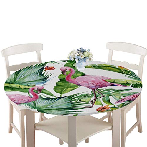 Wasserdicht Antifouling Tischdecke Runde, Treer Polyester Abwaschbar Pflegeleicht Tischtuch mit Elastische Kante 3D Pflanze Drucken Tischdecken für Küche Esszimmer Party Garten (Flamingo,90cm) von Treer-shop