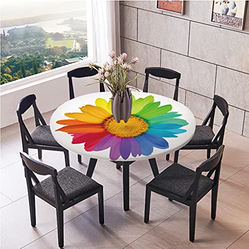 Wasserdicht Antifouling Tischdecke Runde, Treer Polyester Abwaschbar Pflegeleicht Tischtuch mit Elastische Kante 3D Pflanzenblume Druck Tischdecken für Küche Esszimmer Garten (Sonnenblume,120cm) von Treer-shop