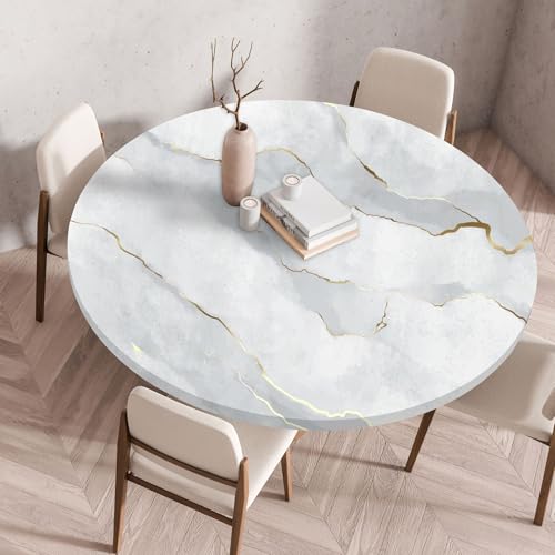 Treer 3D Elastische Tischdecke Rund Abwaschbar, Farbiger Marmor Outdoor Picknick Spanntischdecke Rund Gartentischdecke Round Tischdecke mit Gummizug für Küche, Esszimmer (Grau,110 cm) von Treer