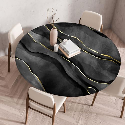 Treer 3D Elastische Tischdecke Rund Abwaschbar, Farbiger Marmor Outdoor Picknick Spanntischdecke Rund Gartentischdecke Round Tischdecke mit Gummizug für Küche, Esszimmer (Schwarz,60 cm) von Treer