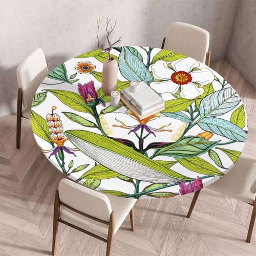 Treer 3D Elastische Tischdecke Rund Abwaschbar, Outdoor Picknick Spanntischdecke Rund Gartentischdecke Round Tischdecke mit Gummizug für Dekoration Küche Picknick (Blatt,130cm) von Treer