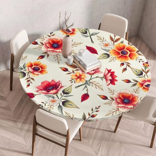 Treer 3D Elastische Tischdecke Rund Abwaschbar, Outdoor Picknick Spanntischdecke Rund Gartentischdecke Round Tischdecke mit Gummizug für Dekoration Küche Picknick (Rote Blüten,80cm) von Treer
