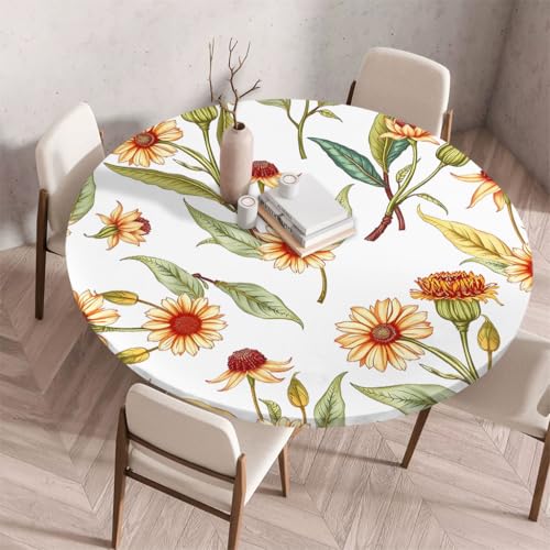 Treer 3D Elastische Tischdecke Rund Abwaschbar, Outdoor Picknick Spanntischdecke Rund Gartentischdecke Round Tischdecke mit Gummizug für Dekoration Küche Picknick (Sonnenblume,100cm) von Treer