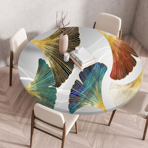 Treer 3D Elastische Tischdecke Rund Abwaschbar, Outdoor Picknick Spanntischdecke Rund Gartentischdecke Round Tischdecke mit Gummizug für Küche, Esszimmer Kneipe (Blätter,100 cm) von Treer