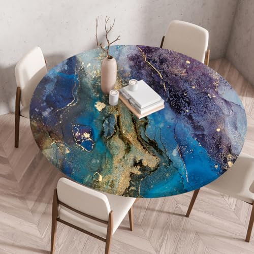 Treer 3D Elastische Tischdecke Rund Abwaschbar, Outdoor Picknick Spanntischdecke Rund Gartentischdecke Round Tischdecke mit Gummizug für Küche, Esszimmer Kneipe (Blau,70 cm) von Treer