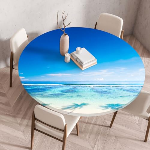 Treer 3D Elastische Tischdecke Rund Abwaschbar, Outdoor Picknick Spanntischdecke Rund Gartentischdecke Round Tischdecke mit Gummizug für Küche, Esszimmer Kneipe (Blauer Himmel,110 cm) von Treer