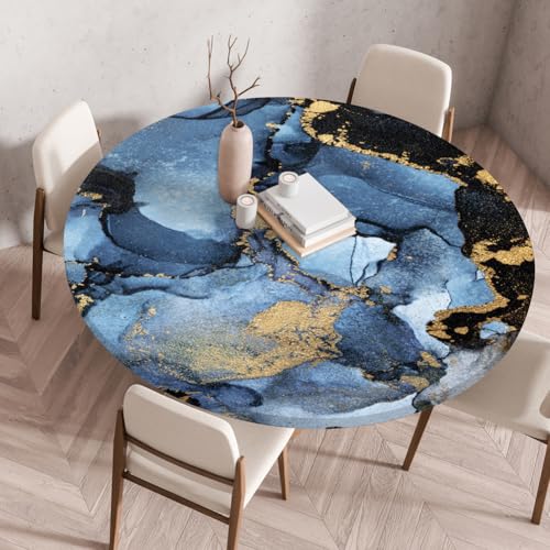 Treer 3D Elastische Tischdecke Rund Abwaschbar, Outdoor Picknick Spanntischdecke Rund Gartentischdecke Round Tischdecke mit Gummizug für Küche, Esszimmer Kneipe (Gold,130 cm) von Treer