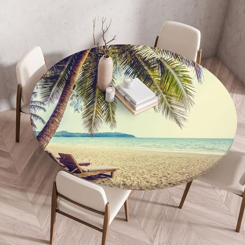 Treer 3D Elastische Tischdecke Rund Abwaschbar, Outdoor Picknick Spanntischdecke Rund Gartentischdecke Round Tischdecke mit Gummizug für Küche, Esszimmer Kneipe (Kokosnussbäume,70 cm) von Treer