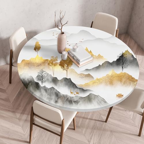Treer 3D Elastische Tischdecke Rund Abwaschbar, Outdoor Picknick Spanntischdecke Rund Gartentischdecke Round Tischdecke mit Gummizug für Küche, Esszimmer Kneipe (Landscape,120 cm) von Treer