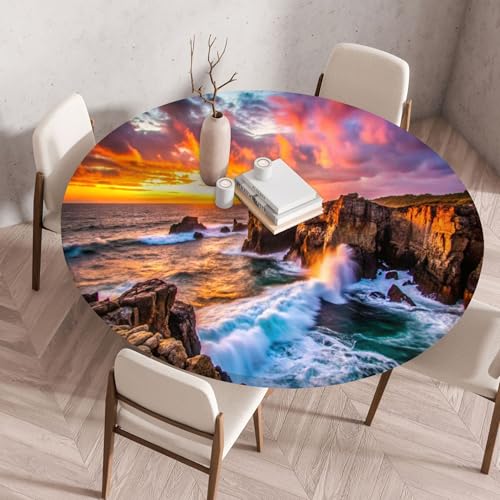 Treer 3D Elastische Tischdecke Rund Abwaschbar, Outdoor Picknick Spanntischdecke Rund Gartentischdecke Round Tischdecke mit Gummizug für Küche, Esszimmer Kneipe (Landschaften,70 cm) von Treer