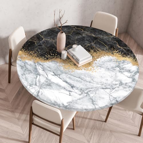 Treer 3D Elastische Tischdecke Rund Abwaschbar, Outdoor Picknick Spanntischdecke Rund Gartentischdecke Round Tischdecke mit Gummizug für Küche, Esszimmer Kneipe (Marmor 12,90 cm) von Treer