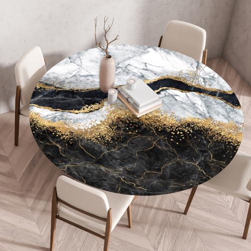 Treer 3D Elastische Tischdecke Rund Abwaschbar, Outdoor Picknick Spanntischdecke Rund Gartentischdecke Round Tischdecke mit Gummizug für Küche, Esszimmer Kneipe (Marmor 15,80 cm) von Treer