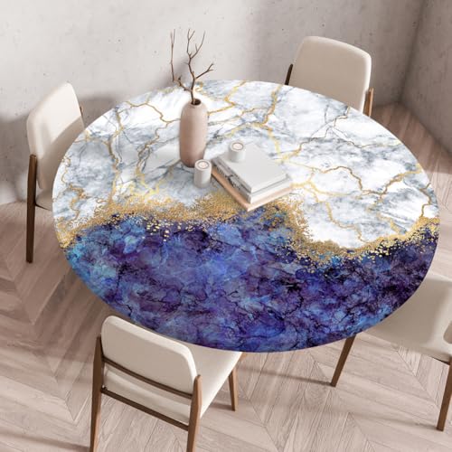Treer 3D Elastische Tischdecke Rund Abwaschbar, Outdoor Picknick Spanntischdecke Rund Gartentischdecke Round Tischdecke mit Gummizug für Küche, Esszimmer Kneipe (Marmor 21,60 cm) von Treer