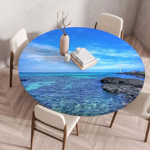 Treer 3D Elastische Tischdecke Rund Abwaschbar, Outdoor Picknick Spanntischdecke Rund Gartentischdecke Round Tischdecke mit Gummizug für Küche, Esszimmer Kneipe (Meer,80 cm) von Treer