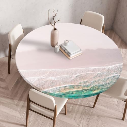 Treer 3D Elastische Tischdecke Rund Abwaschbar, Outdoor Picknick Spanntischdecke Rund Gartentischdecke Round Tischdecke mit Gummizug für Küche, Esszimmer Kneipe (Sandstrand,70 cm) von Treer