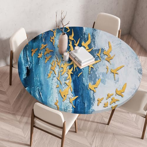 Treer 3D Elastische Tischdecke Rund Abwaschbar, Outdoor Picknick Spanntischdecke Rund Gartentischdecke Round Tischdecke mit Gummizug für Küche, Esszimmer Kneipe (Vogel,120 cm) von Treer